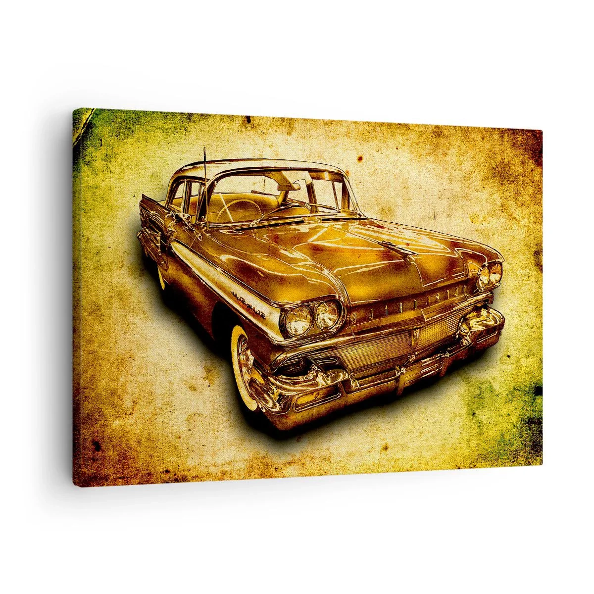 Lærredstryk - Billede på lærred - En gylden klassisk retrobil på en vintagebaggrund med en ældet effekt. - 70x50cm - Klassikernes evige skønhed - Moderne vægdekoration til stue og soveværelse ARTTOR