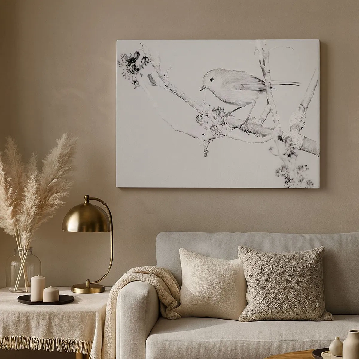 Lærredstryk - Billede på lærred - Fugl på en gren i sort-hvid med minimalistisk stil - 70x50cm - Vintermorgen - Moderne vægdekoration til stue og soveværelse ARTTOR