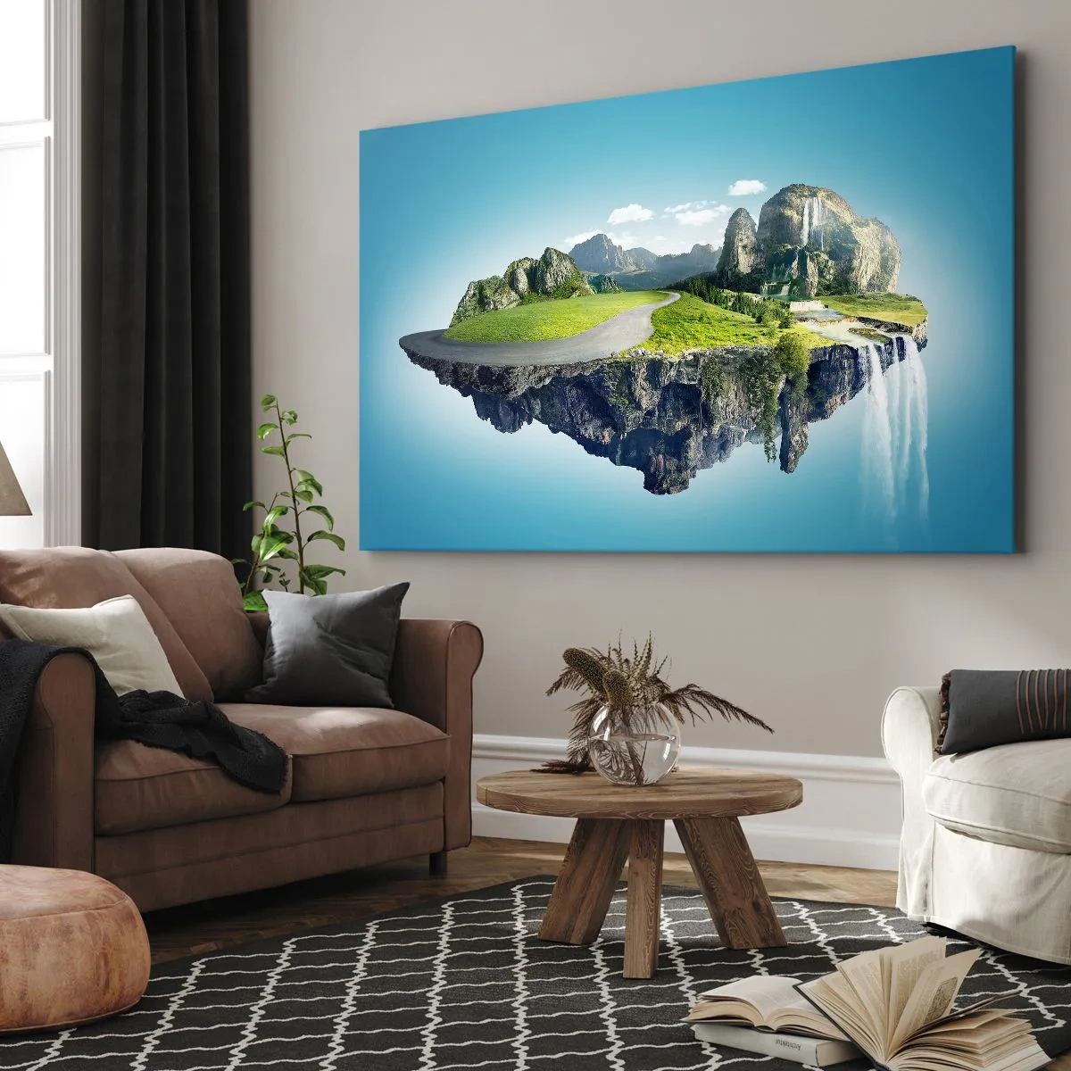 Lærredstryk - Billede på lærred - En flydende ø med bjerge og vandfald - 70x50cm - Fantastisk ø - Moderne vægdekoration til stue og soveværelse ARTTOR