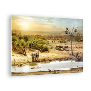 Billede på glas - Elefanter og dyr ved et vandhul mod baggrunden af et afrikansk landskab - 70x50cm - "Og ud af Eden flød en flod...". - Moderne vægdekoration til stue og soveværelse ARTTOR