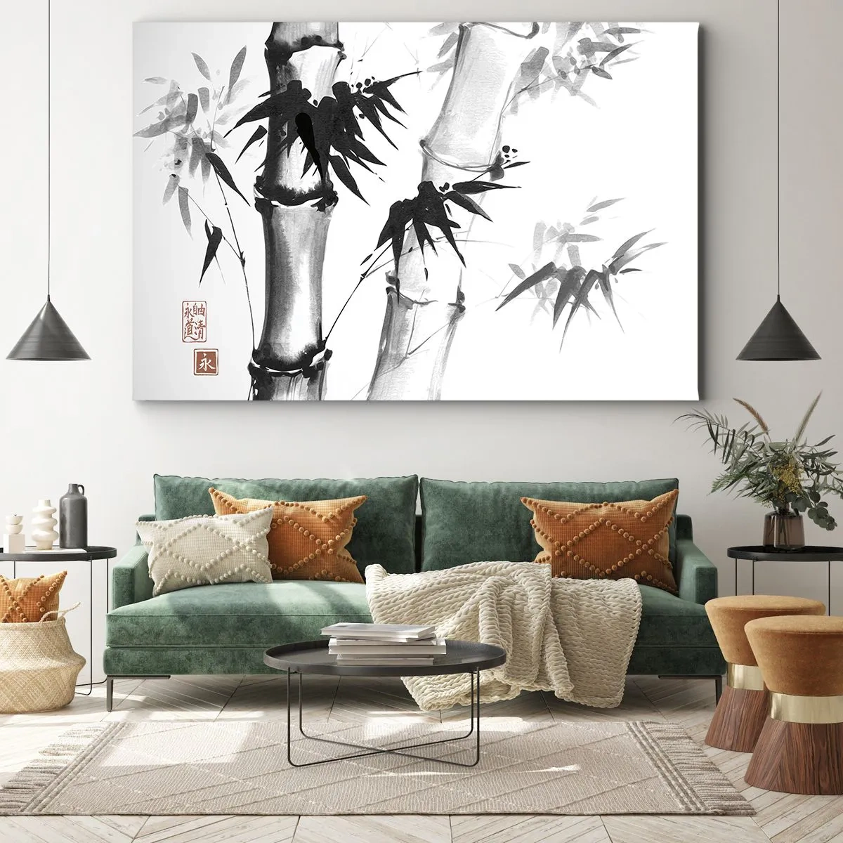 Lærredstryk - Billede på lærred - Japansk akvarel bambus på en hvid baggrund - 70x50cm - Nærbillede af Orienten - Moderne vægdekoration til stue og soveværelse ARTTOR