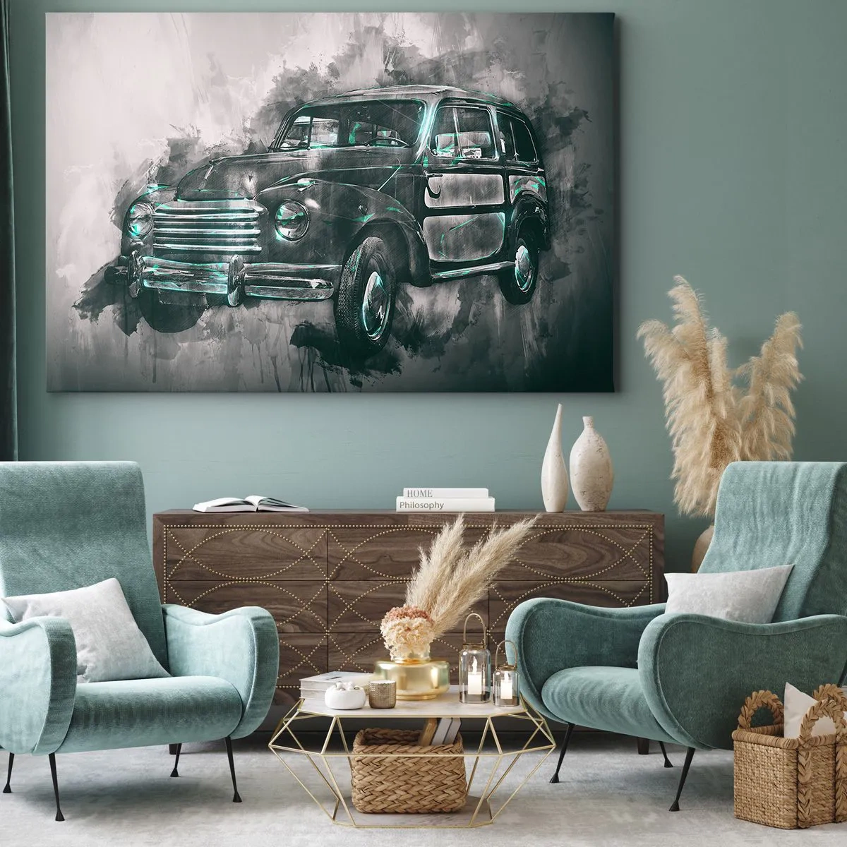 Lærredstryk - Billede på lærred - En klassisk retrobil med en kunstnerisk baggrund - 70x50cm - Respekteret forfader - Moderne vægdekoration til stue og soveværelse ARTTOR