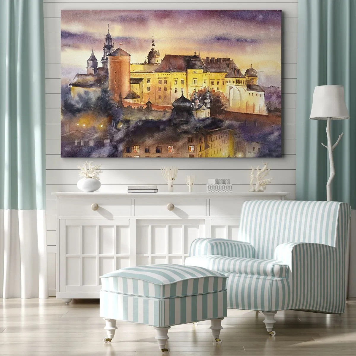 Lærredstryk - Billede på lærred - Et malerisk akvarelmaleri af et slot ved solnedgang - 70x50cm - En historie og en fortælling - Moderne vægdekoration til stue og soveværelse ARTTOR
