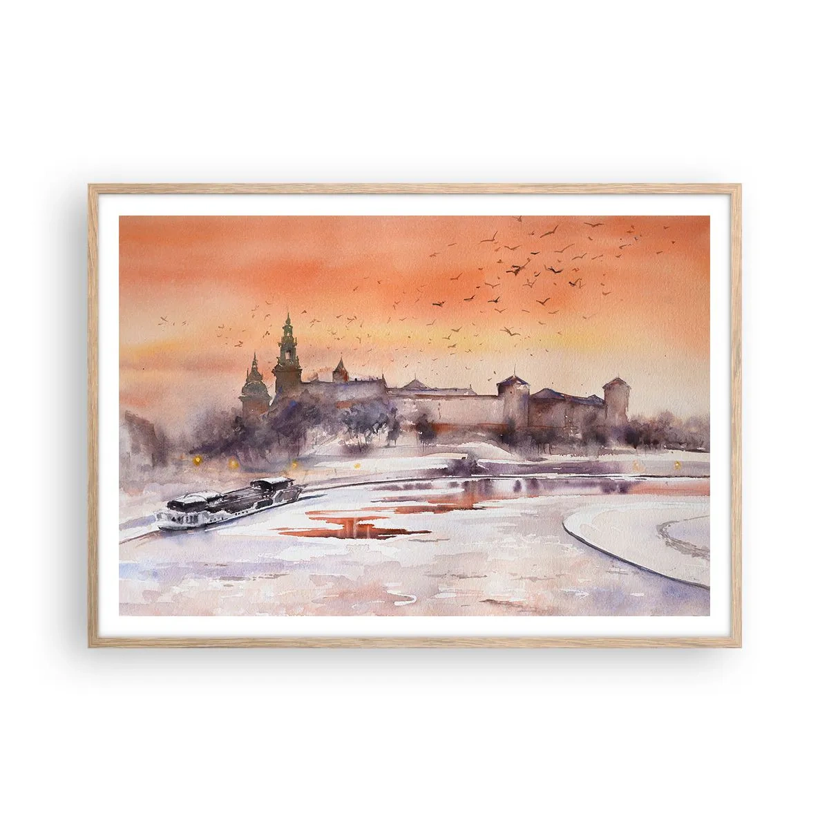 Plakat i ramme af lyst egetræ - Kongelig solnedgang - 100x70 cm