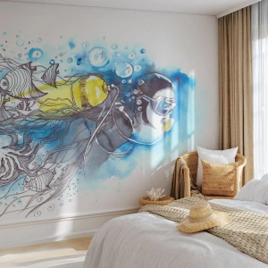 Fototapet Standard Eco - En dykker udforsker undervandsverdenen i akvarelstil. - 100x70cm - Stor blå - Moderne vægdekoration til stue og soveværelse ARTTOR