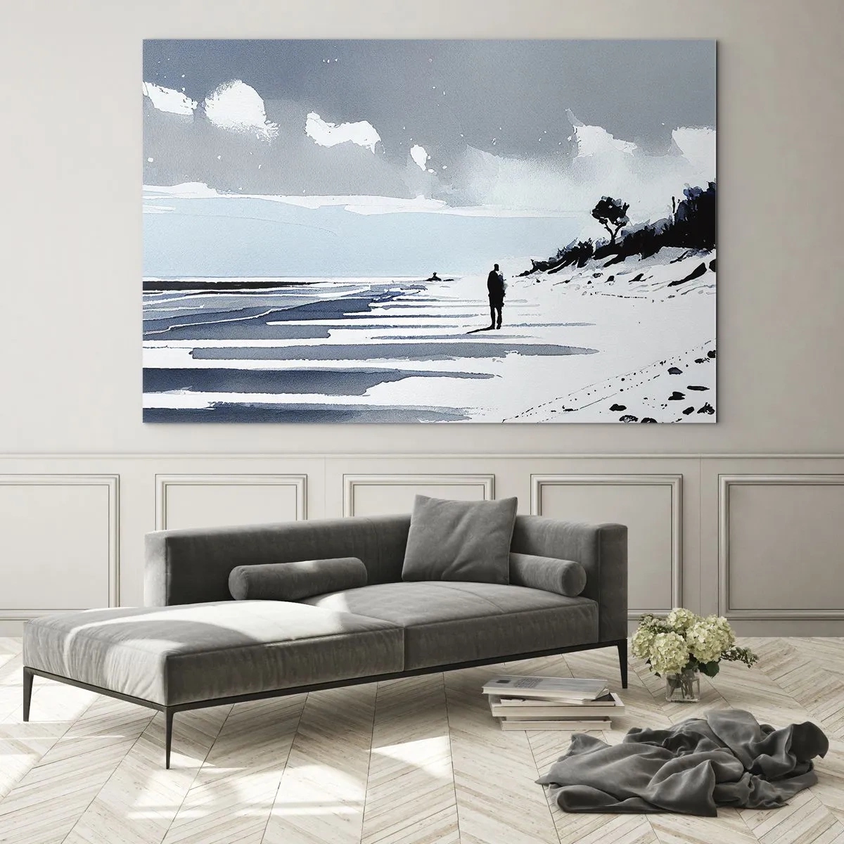 Billede på glas - Silhuet af en ensom person, der går på en tom strand - 70x50cm - Alene - Moderne vægdekoration til stue og soveværelse ARTTOR