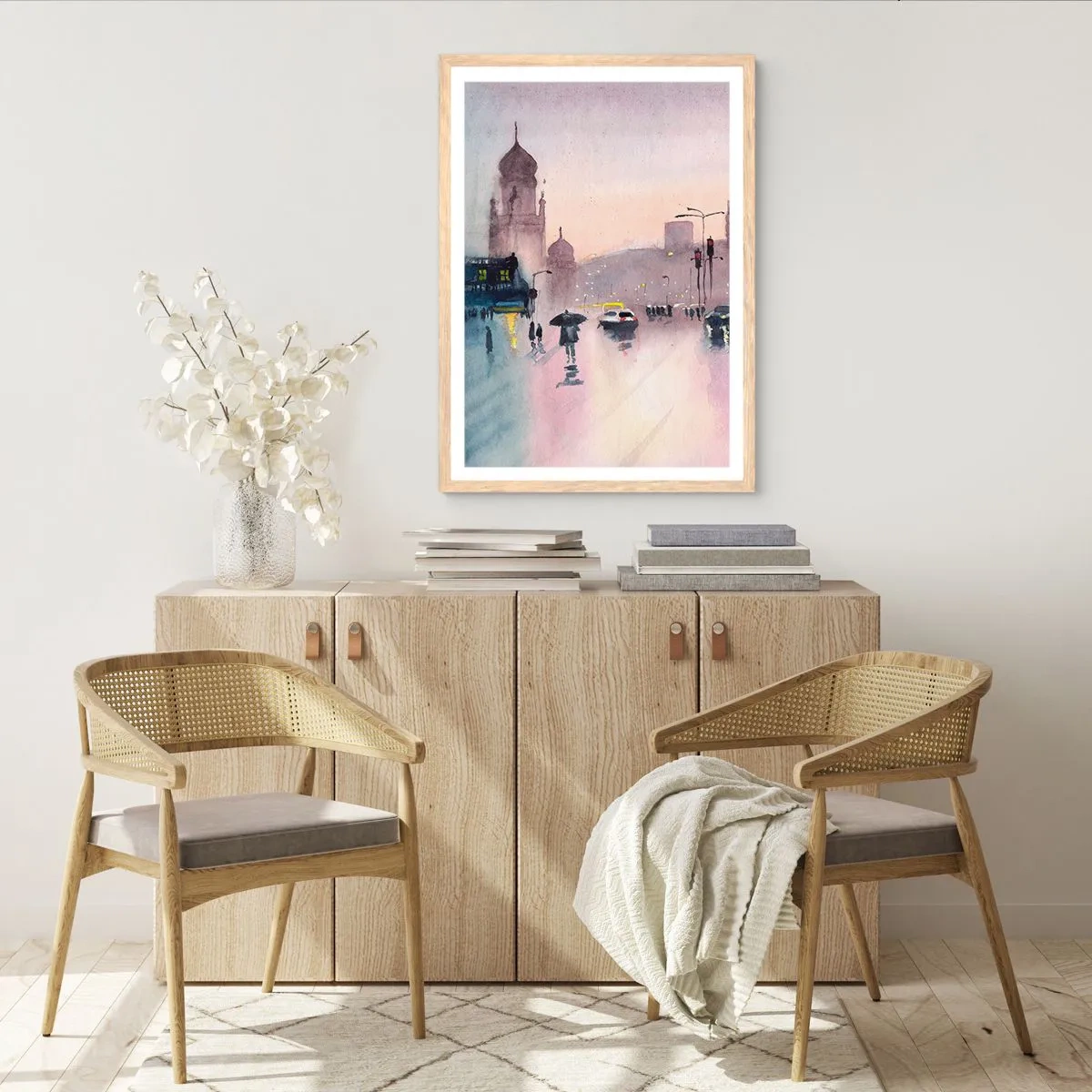 Plakat i ramme af lyst egetræ - I en regnfuld tåge - 70x100 cm