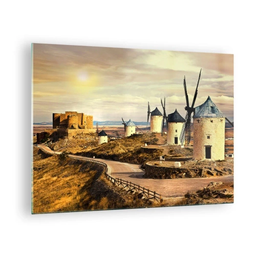 Billede på glas - Vindmøller og et slot i landskabet ved solnedgang - 70x50cm - Don Quixote er ved at dukke op - Moderne vægdekoration til stue og soveværelse ARTTOR