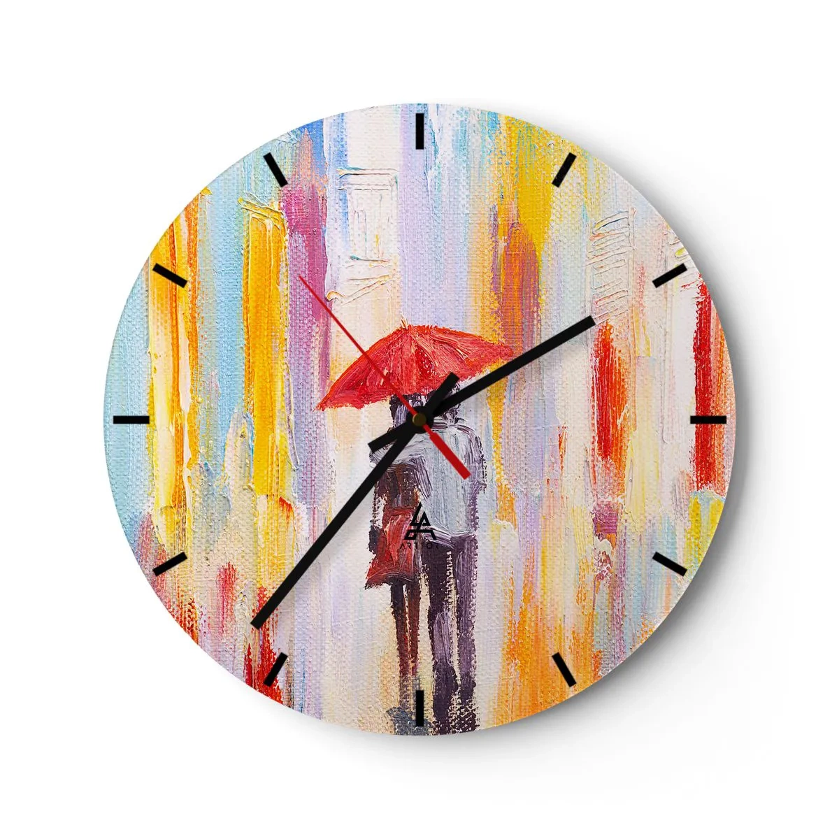 Vægur, Uret - En figur med en rød paraply mod baggrunden af en farverig by - 30x30cm - Lad det regne mere - Moderne vægdekoration til stue, køkken og soveværelse ARTTOR
