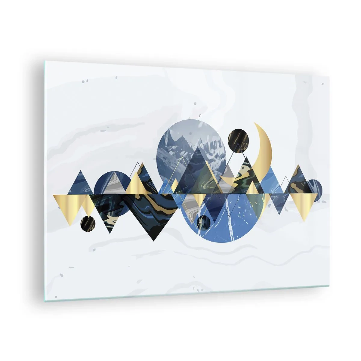 Billede på glas - Abstrakte geometriske figurer i nuancer af marineblå og guld - 70x50cm - Geometrisk landskab - Moderne vægdekoration til stue og soveværelse ARTTOR