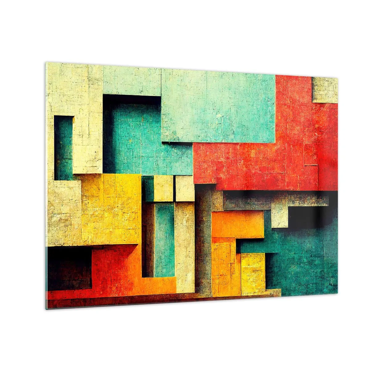 Billede på glas - Farverig geometrisk abstraktion lavet af rektangler - 70x50cm - Festival for rette vinkler - Moderne vægdekoration til stue og soveværelse ARTTOR