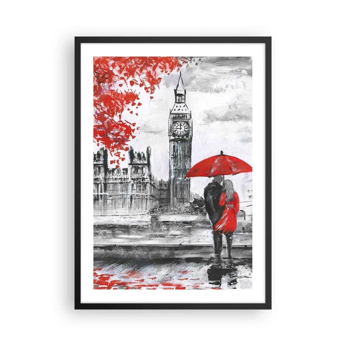 Plakat i sort ramme - En figur med en rød paraply foran Big Ben i London - 50x70cm - Forelsket i London - Moderne vægdekoration til stue og soveværelse ARTTOR