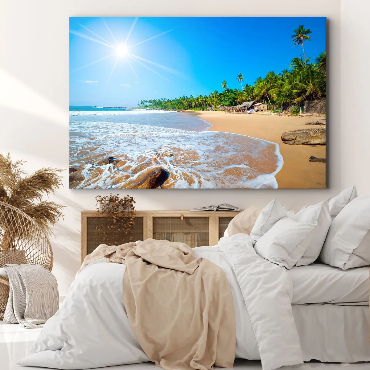 Lærredstryk - Billede på lærred - Tropisk strand med palmer og blå himmel - 70x50cm - Et eksotisk sted for dig - Moderne vægdekoration til stue og soveværelse ARTTOR