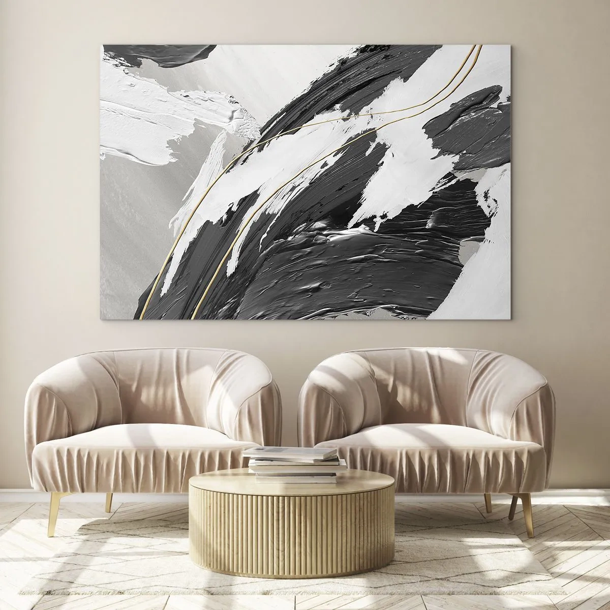 Billede på glas - Dynamiske sort-hvide streger med en guld accent - 70x50cm - Abstraktion med flair - Moderne vægdekoration til stue og soveværelse ARTTOR