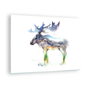 Billede på glas - Akvarelmaleri af en elg med et motiv af en bjergsilhuet - 70x50cm - Helten i en vinterfortælling - Moderne vægdekoration til stue og soveværelse ARTTOR