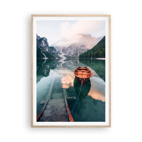Plakat i ramme af lyst egetræ - Fredfyldt søvn i bjergene - 70x100 cm