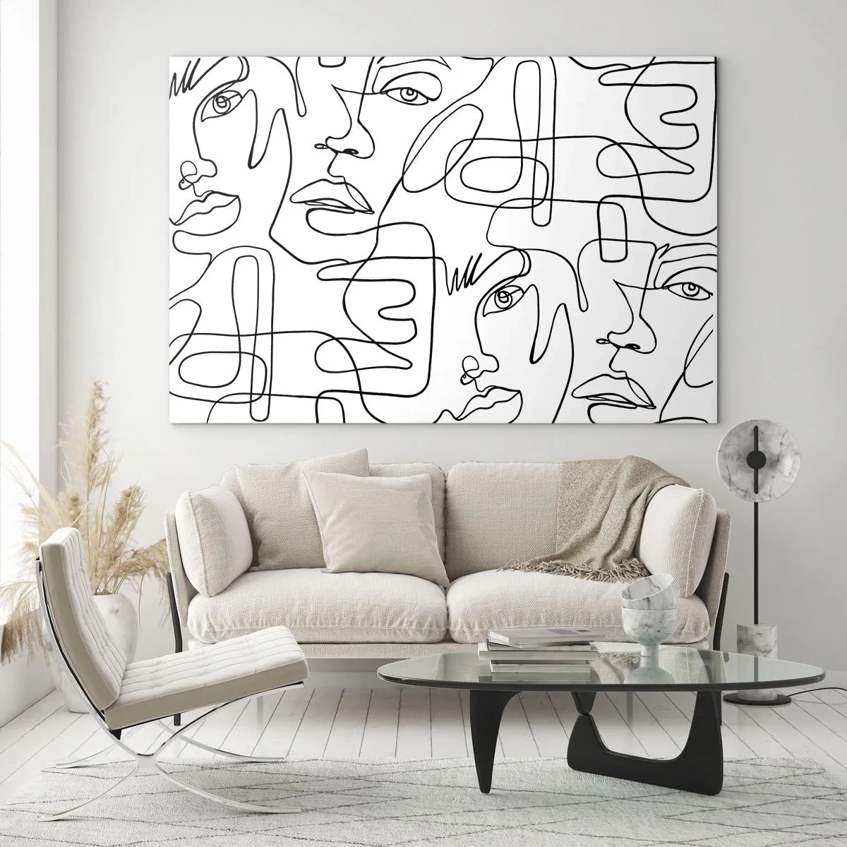 Billede på glas - Sort-hvid stregtegning af ansigter - 70x50cm - I sammenfiltrede følelser - Moderne vægdekoration til stue og soveværelse ARTTOR