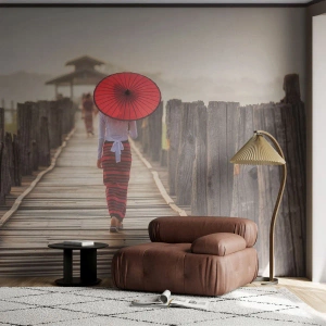 Fototapet Premium Canvas - På den gamle bro - Paraply, Burma, træbro - 300x210 cm
