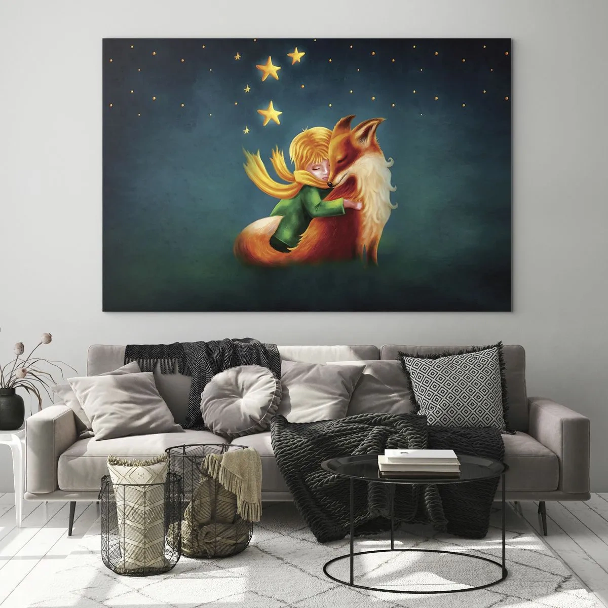 Billede på glas - Den lille prins krammer en ræv under en stjerneklar himmel - 70x50cm - Lille Prins - Moderne vægdekoration til stue og soveværelse ARTTOR