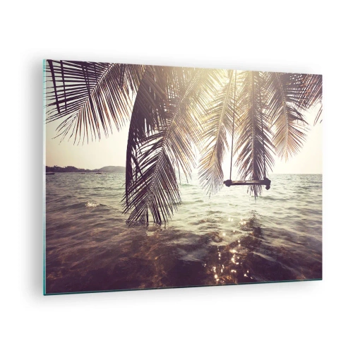 Billede på glas - En strand med palmer og en gynge over et roligt hav - 70x50cm - Du kan svæve i skyerne efter behag - Moderne vægdekoration til stue og soveværelse ARTTOR