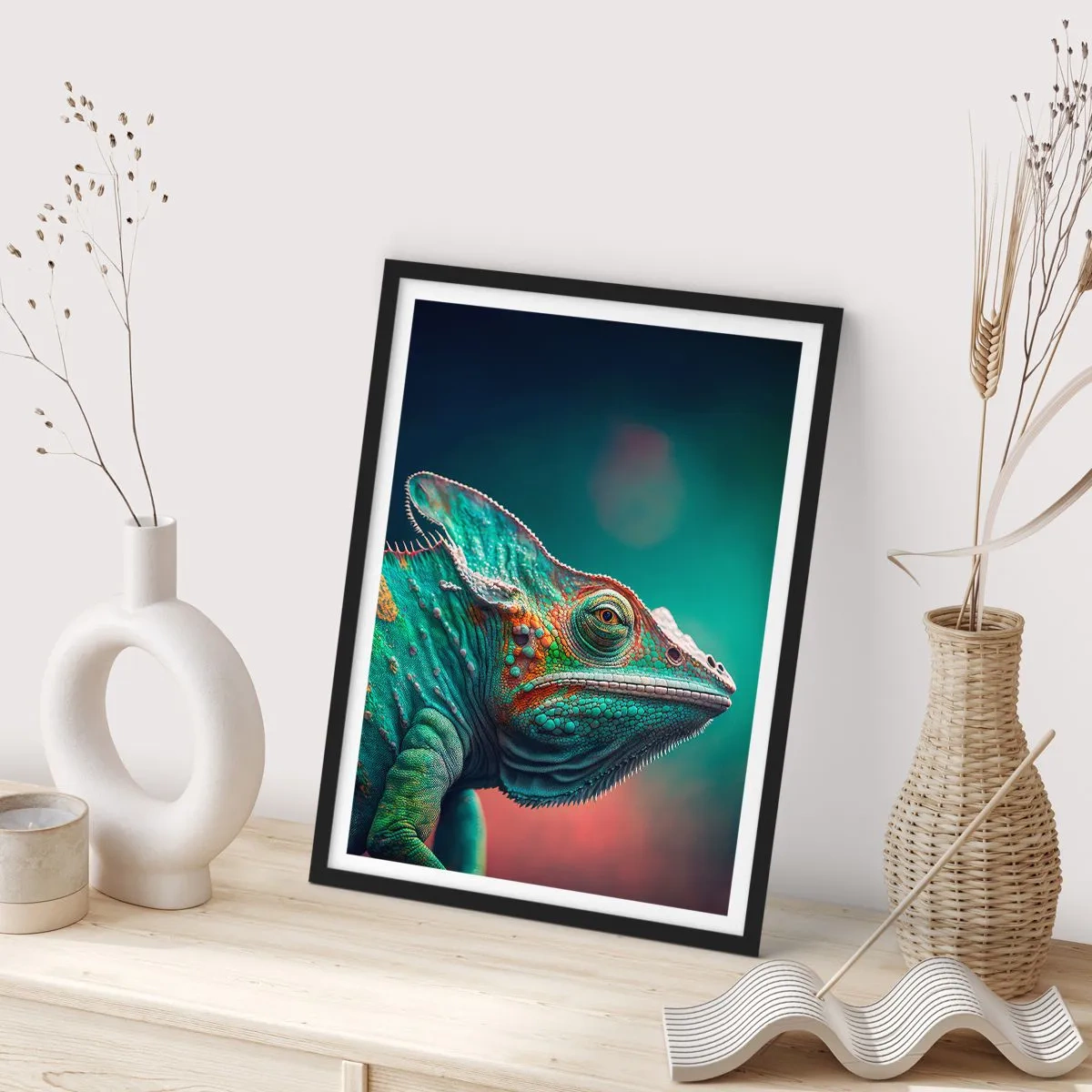Plakat i sort ramme - En farverig kamæleon på en slående baggrund - 50x70cm - Kan du se mig? Ikke godt... - Moderne vægdekoration til stue og soveværelse ARTTOR