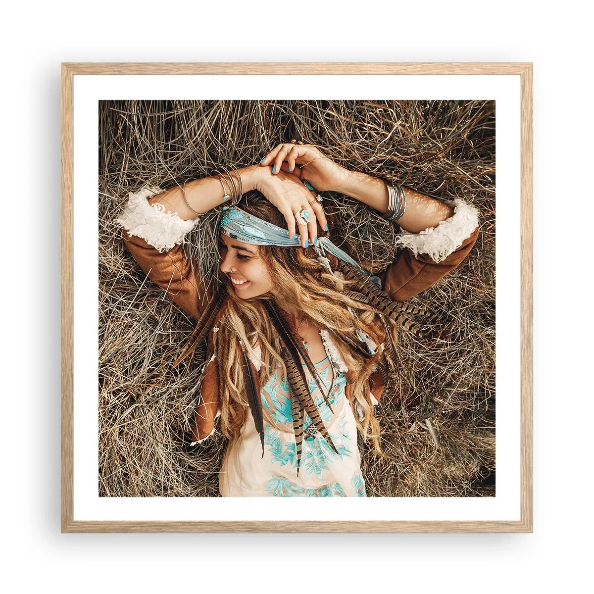 Plakat i ramme af lyst egetræ - På vej til kærlighedens sommer - 60x60 cm