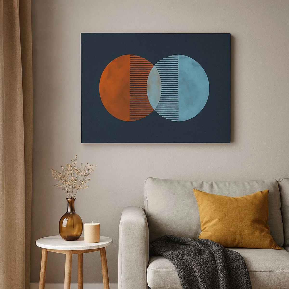 Lærredstryk - Billede på lærred - To orange og blå cirkler på en mørk baggrund - 70x50cm - Astronomisk fantasi - Moderne vægdekoration til stue og soveværelse ARTTOR
