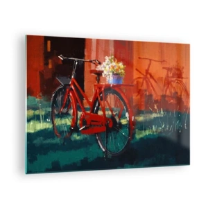 Billede på glas - En rød cykel med blomster foran en rød bygning - 70x50cm - I want to ride my bicycle - Moderne vægdekoration til stue og soveværelse ARTTOR