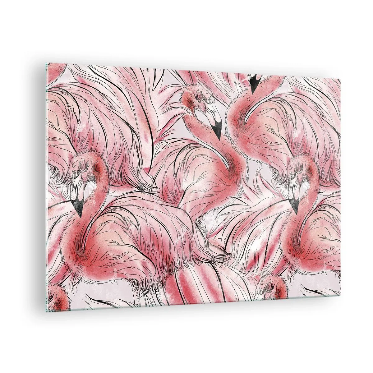 Billede på glas - Lyserøde flamingoer i dekorativ tegneseriestil - 70x50cm - Fugle corps de ballet - Moderne vægdekoration til stue og soveværelse ARTTOR