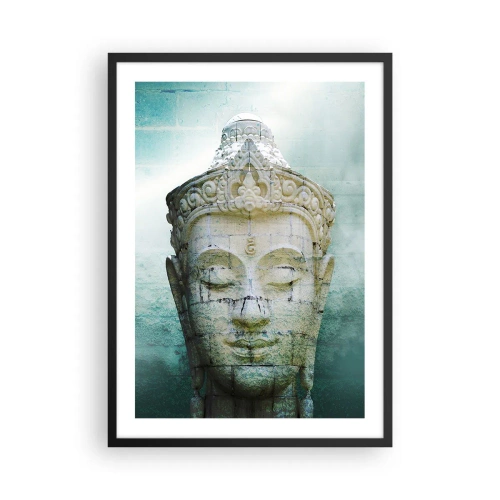Plakat i sort ramme - En Buddha-statue mod en baggrund af diskrete grønne nuancer - 50x70cm - På jagt efter lys - Moderne vægdekoration til stue og soveværelse ARTTOR