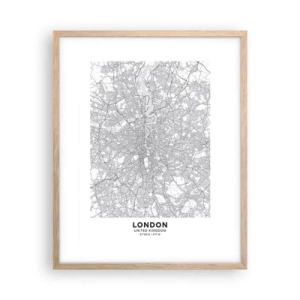 Plakat i ramme af lyst egetræ - Kort over Londons labyrint - 40x50 cm