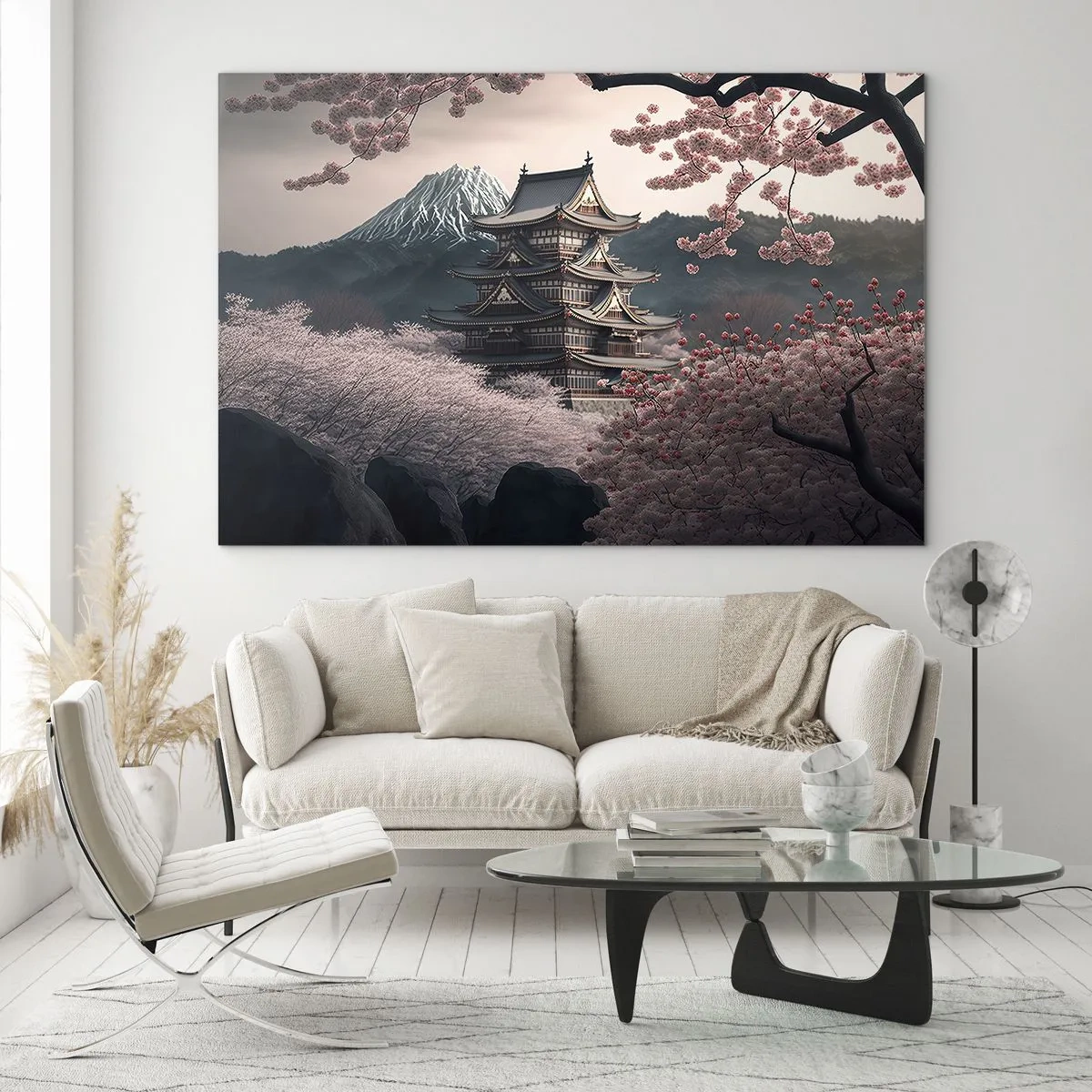Billede på glas - En traditionel japansk pagode midt i kirsebærblomster og bjerge - 70x50cm - Kirsebærblomsternes land - Moderne vægdekoration til stue og soveværelse ARTTOR