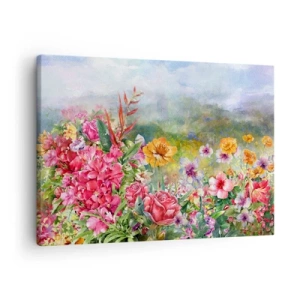 Lærredstryk - Billede på lærred - En farverig blomsterkomposition mod en pastelfarvet landskabsbaggrund - 70x50cm - En have, der er gået amok - Moderne vægdekoration til stue og soveværelse ARTTOR