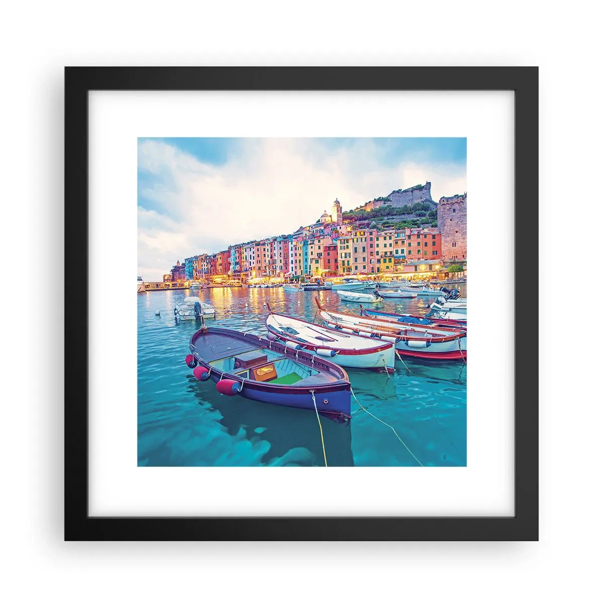 Plakat i sort ramme - En farverig aften i havnen - 30x30 cm
