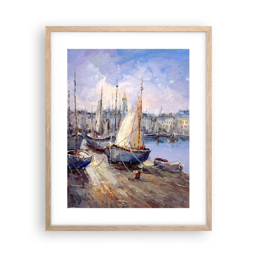 Plakat i ramme af lyst egetræ - By ved bugten - 40x50 cm