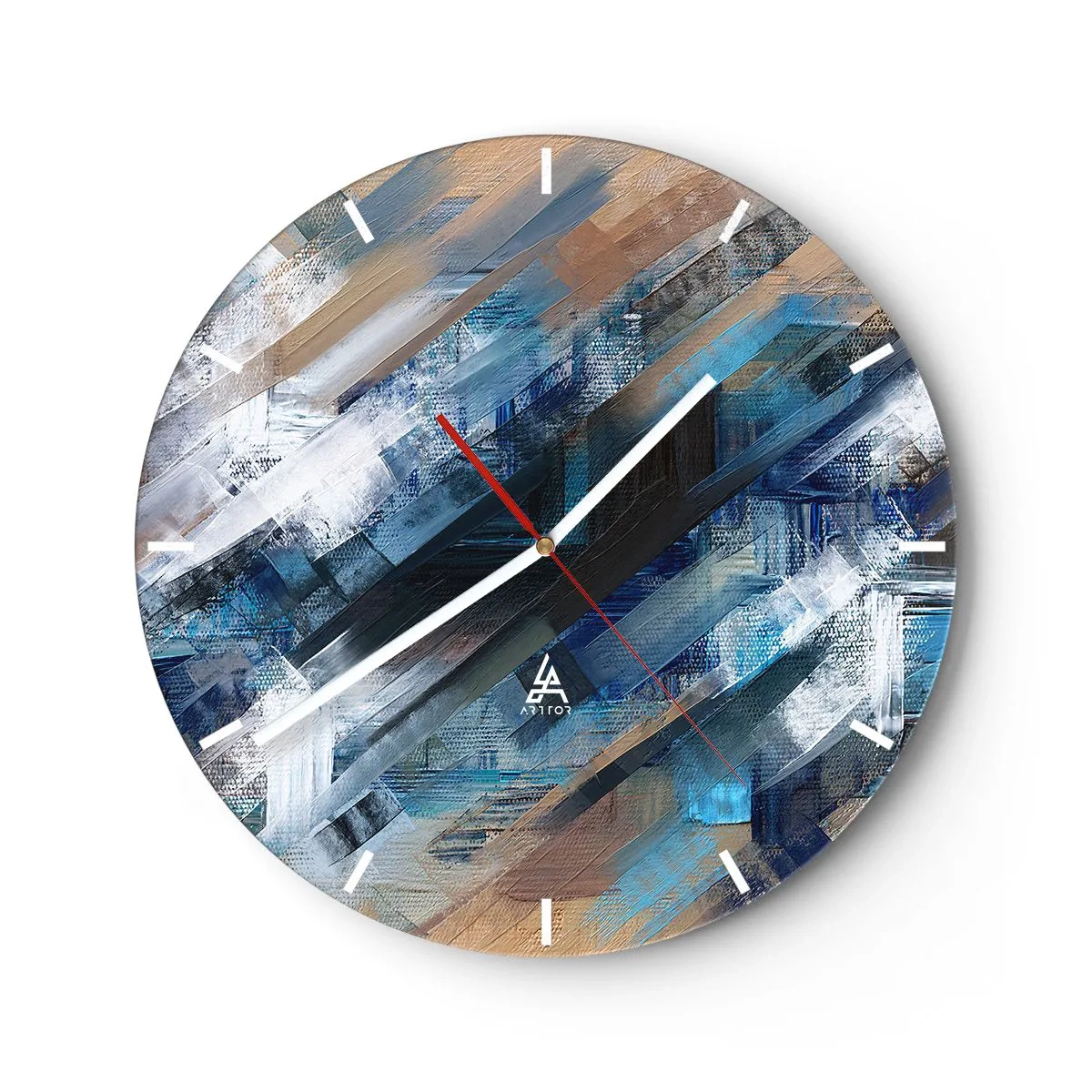 Vægur, Uret - En abstrakt komposition af blå penselstrøg. - 30x30cm - På en blå skråning - Moderne vægdekoration til stue, køkken og soveværelse ARTTOR