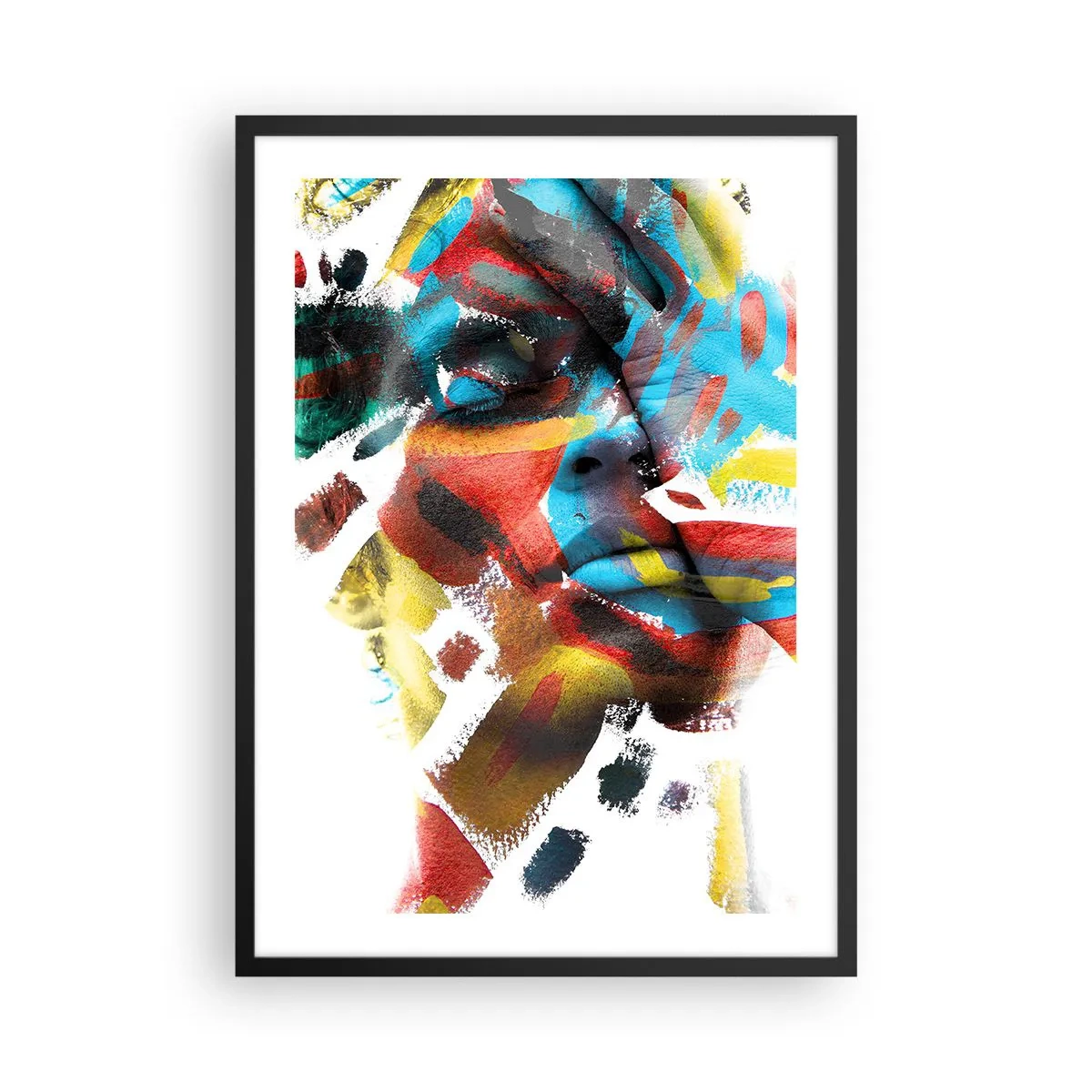 Plakat i sort ramme - Kunstnerisk portræt af en kvinde i abstrakte farver - 50x70cm - Farverig personlighed - Moderne vægdekoration til stue og soveværelse ARTTOR