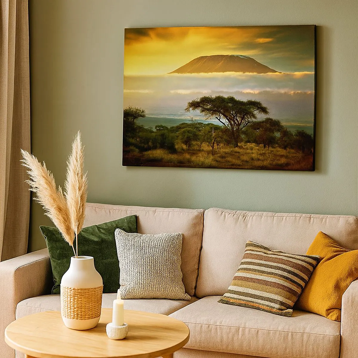 Lærredstryk - Billede på lærred - Afrikansk landskab med Kilimanjaro ved solopgang - 70x50cm - En rejsendes drøm - Moderne vægdekoration til stue og soveværelse ARTTOR