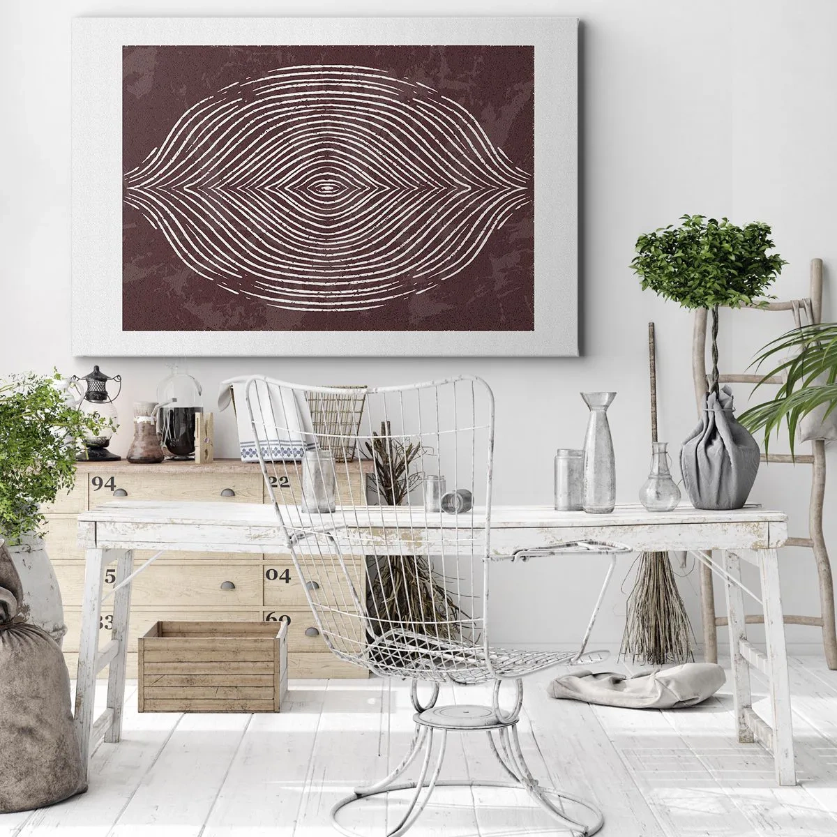 Lærredstryk - Billede på lærred - Symmetriske bølger i hvide linjer på en brun baggrund - 70x50cm - Rummet taler - Moderne vægdekoration til stue og soveværelse ARTTOR