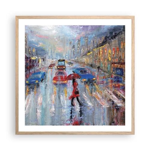 Plakat i ramme af lyst egetræ - Regnfuld eftermiddag i byen - 60x60 cm