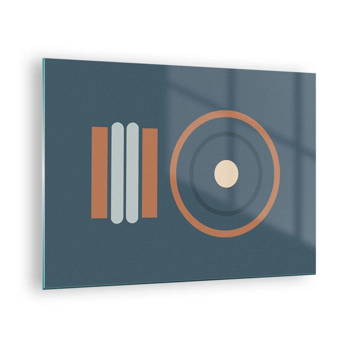 Billede på glas - Abstrakte geometriske former i dæmpede farver med cirkler og linjer - 70x50cm - Essensen af tingene - Moderne vægdekoration til stue og soveværelse ARTTOR