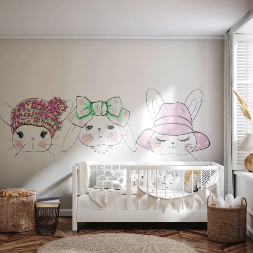 Fototapet Standard Eco - Fine illustrationer af kaniner i udsmykket hovedbeklædning - 100x70cm - Eftertænksom, trist, glad - Moderne vægdekoration til stue og soveværelse ARTTOR
