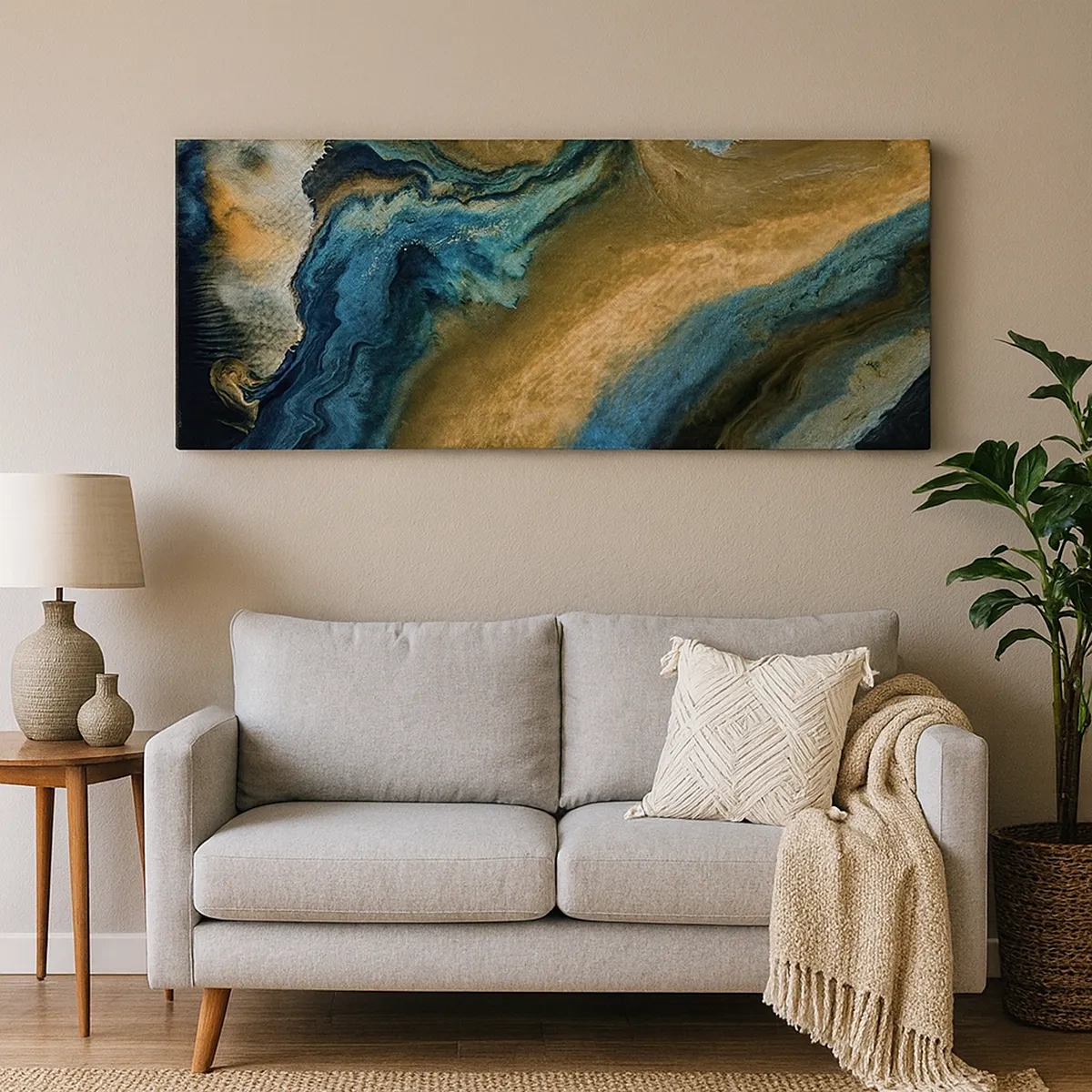 Lærredstryk - Billede på lærred - Blå - gul - gensidig indflydelse - 30x30 cm