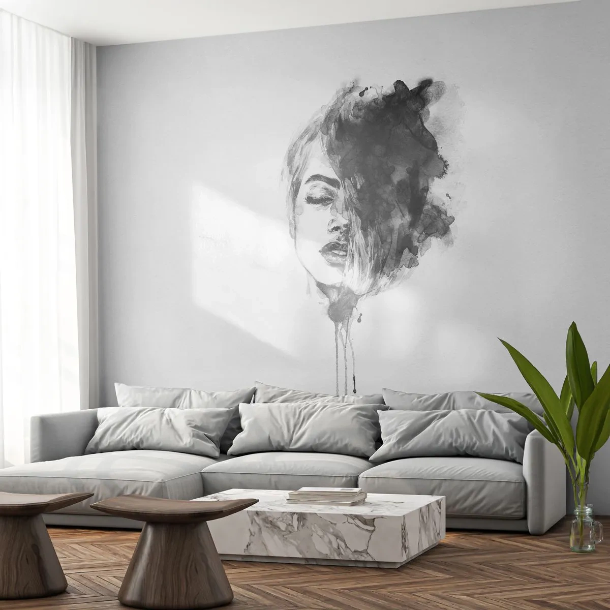 Fototapet Selvklæbende Deluxe Sticker - Hvad piger drømmer om - Portræt af en kvinde, Kvindens ansigt, Abstraktion - 450x315 cm