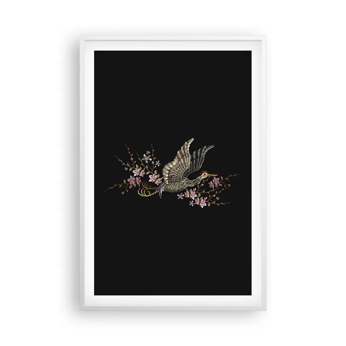 Plakat i hvid ramme - Eksotisk broderet fugl - 61x91 cm