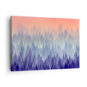 Lærredstryk - Billede på lærred - En tåget skov i lilla og orange nuancer - 70x50cm - Højt, højere, til himlen - Moderne vægdekoration til stue og soveværelse ARTTOR