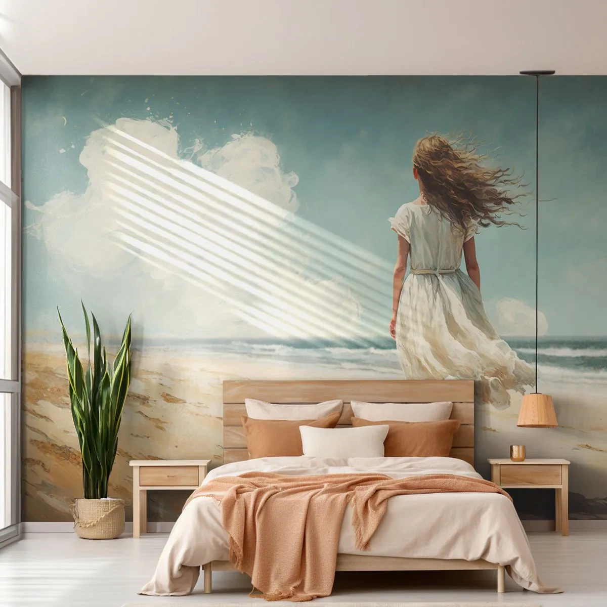 Fototapet Selvklæbende Deluxe Sticker - At møde solen og vinden - Pige, Strand, Gå - 100x70 cm