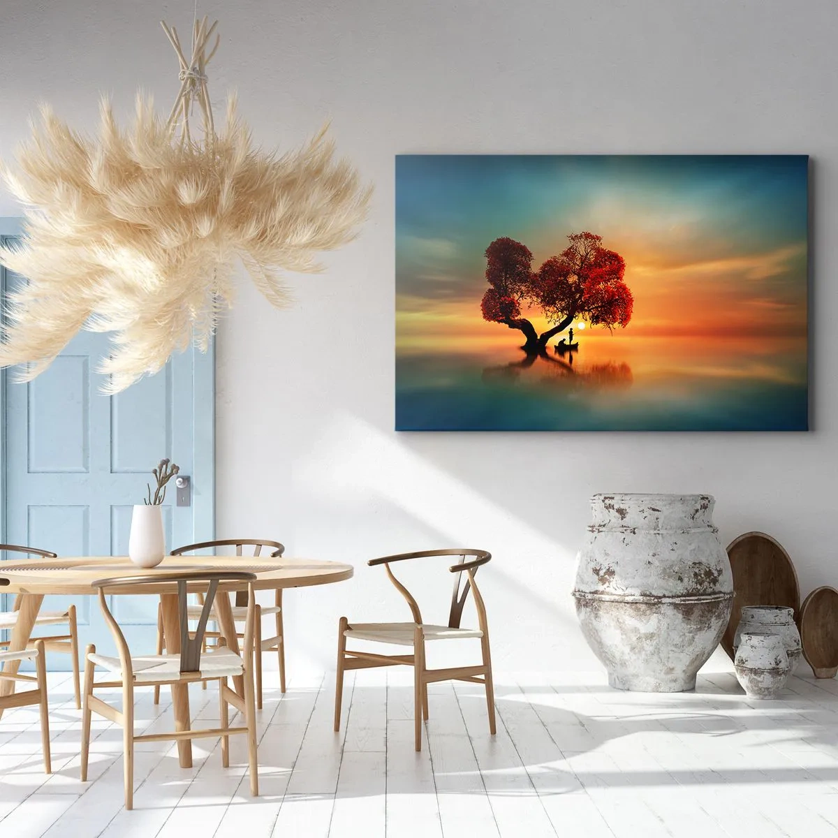 Lærredstryk - Billede på lærred - Et rødbladet træ og en båd på vandet ved solnedgang - 70x50cm - Fjern og tavs verdensløshed - Moderne vægdekoration til stue og soveværelse ARTTOR