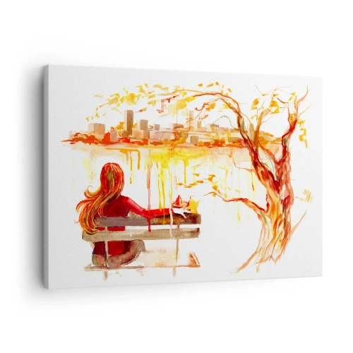 Lærredstryk - Billede på lærred - Akvarelmotiv af en kvinde på en bænk med udsigt over byen - 70x50cm - Et øjeblik til eftertanke - Moderne vægdekoration til stue og soveværelse ARTTOR
