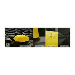 Prøve Fototapet Premium Sand - Farvel til tristhed - Gule paraplyer, Grafik, Koncept - 100x30 cm